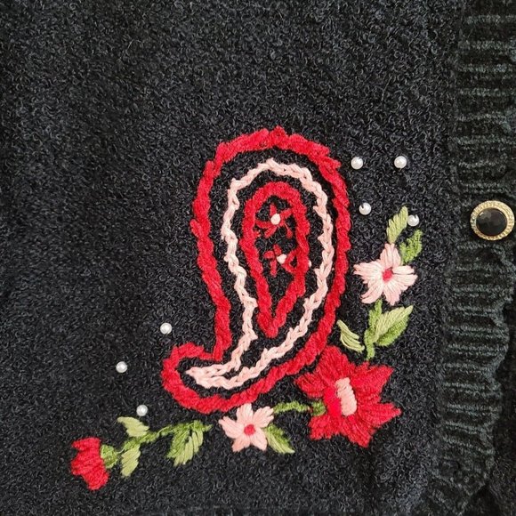 Vintage Russ Women's Button Front Sweater Cardigan Floral Pearls Black Size Lg - Picture 4 of 14